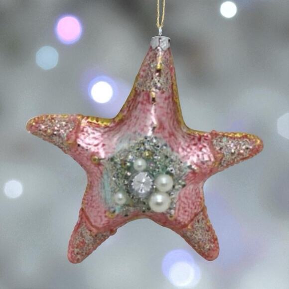 Starfish Christmas Ornament Blue Glass Nautical Ocean Seaside Jeweled - Picture 2 of 5